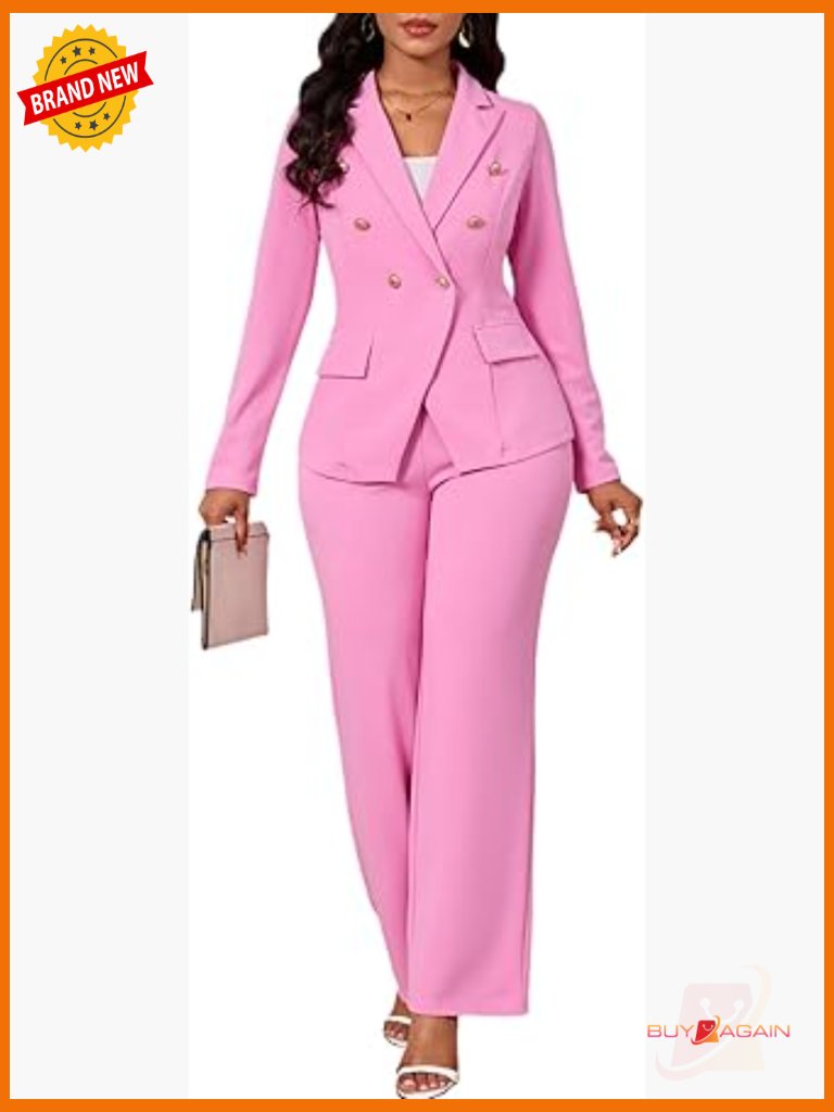Women's Two Piece Blazer Pantsuit Set, Long Sleeve Jacket Wide Leg Trousers